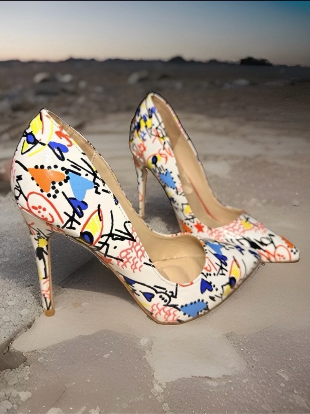 Anne Michelle White Abstract Multicolor Pointed Stiletto Pumps